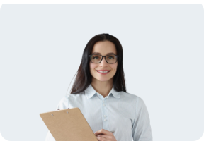 Brunette girl with glasses holding a notebook
